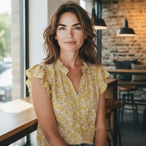 Anthropologie MELLÓDAY Cap Sleeve Floral Yellow Peasant Pullover Blouse - S